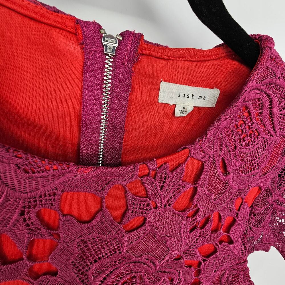 Just Me Red Magenta Floral Embroidered Lace Cap Sleeve Cocktail Party Dress S - Picture 3 of 8
